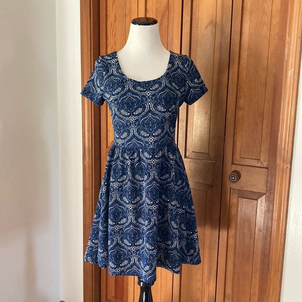 Alya Blue & White Stretch Fit & Flare Dress, Size S